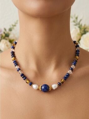 Handmade Lapis Lazuli, Baroque Pearl & Gold Murano Glass Necklace 19.5” NWT